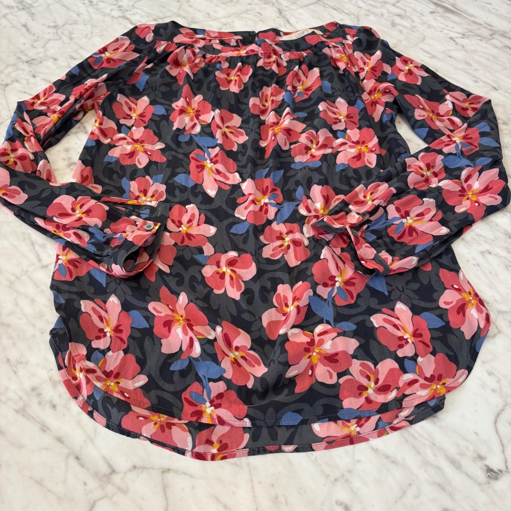 LOFT Ann Taylor Petites Floral Damask Blouse Pink Blue Grey XSP Long Sleeve Top